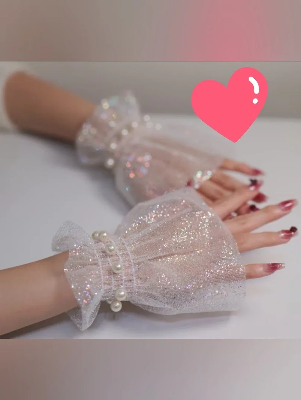 Pearl-Trim Sparkle Sheer Wrist Cuffs - White